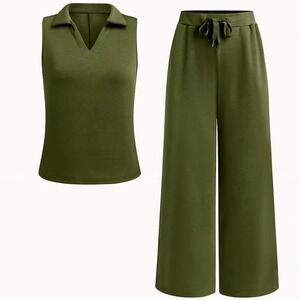 NWOT Coo Chic Olive Green Sleeveless 2X Top/Wide Crop Leg Pants Two Piece Set